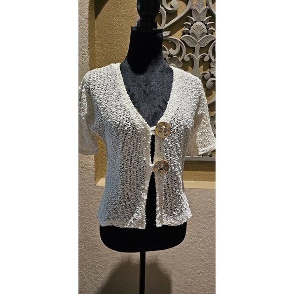 JM Collection Cream W Gold  Open Knit Cardigan Sweater W Decorative Buttons - Picture 1 of 6